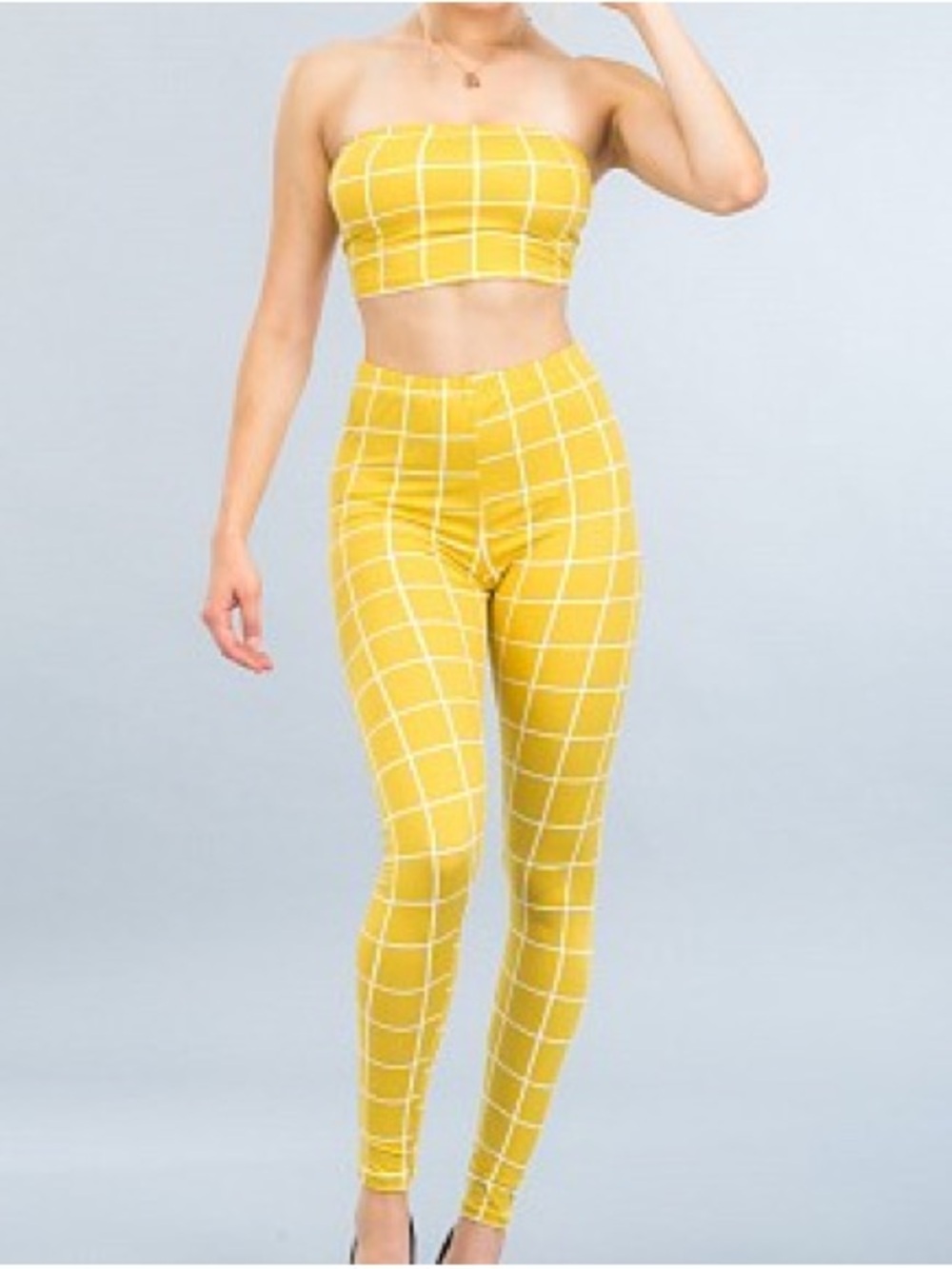 Yellow Grid Cropped Tube Top and High-Waist Leggings Set - Women